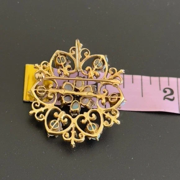 Vintage 14K Yellow Gold Opal Flower Heart Filigree Scroll Pendant Brooch Pin - Picture 9 of 10